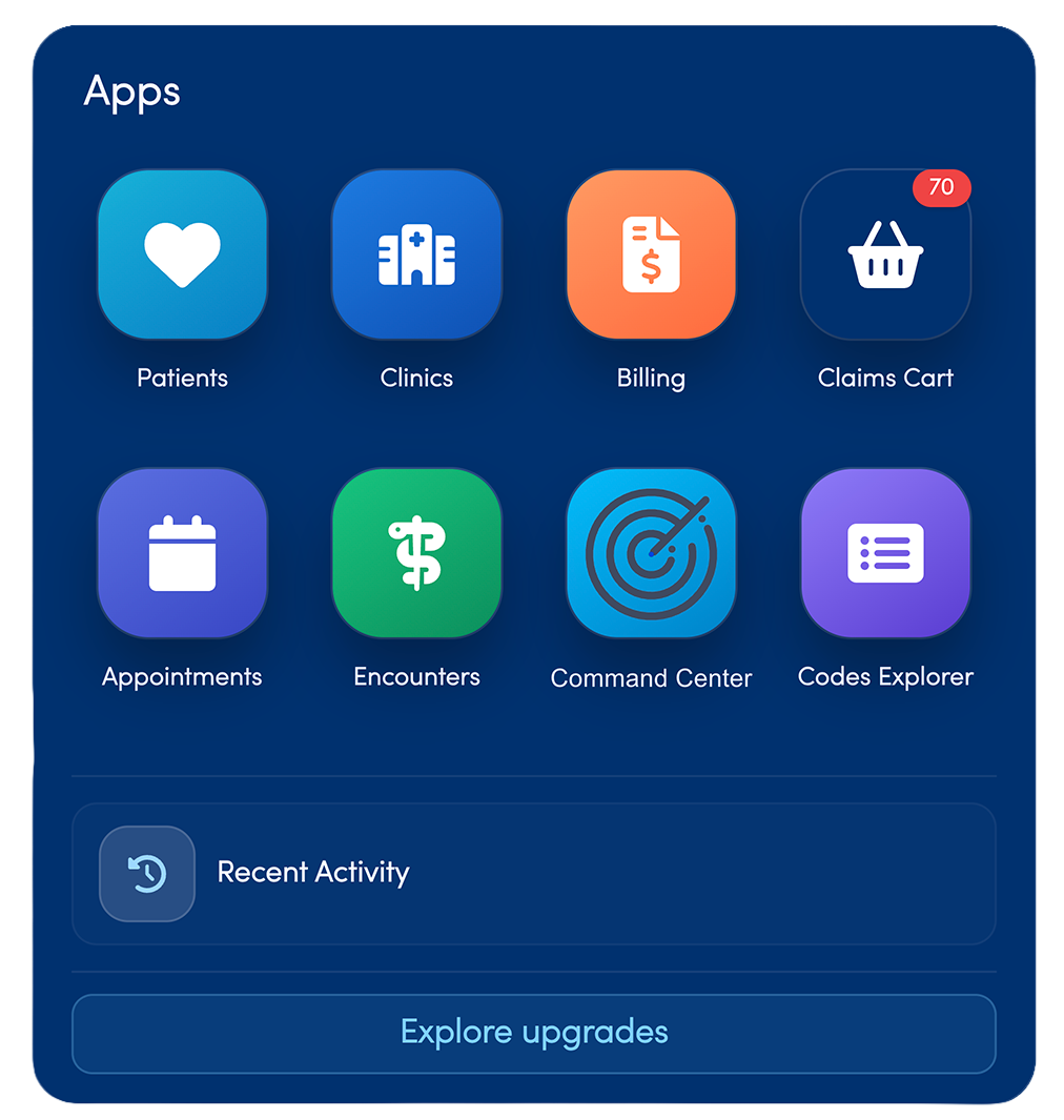 EMRDesk app navigation grid.