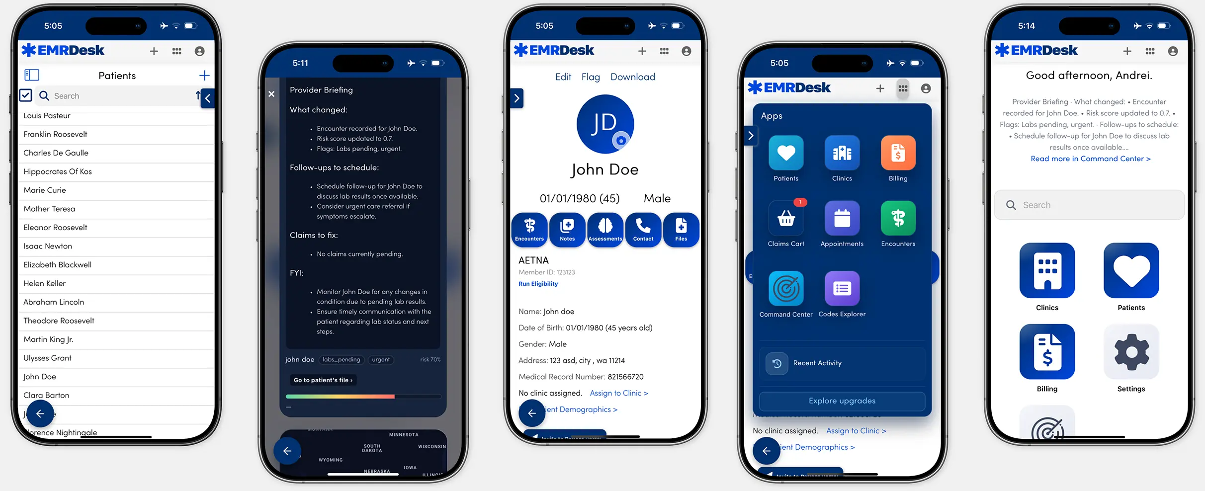 EMRDesk mobile experience shown on iPhone.