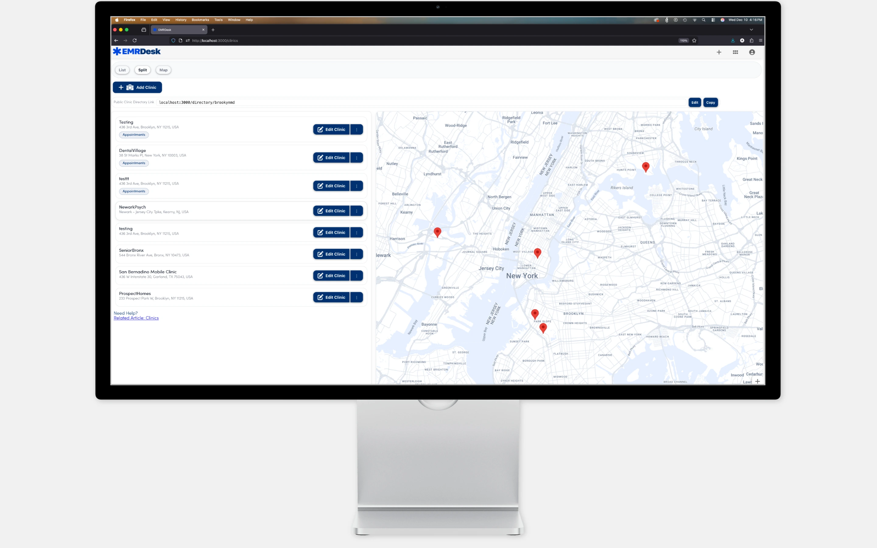 EMRDesk clinics workspace on desktop.