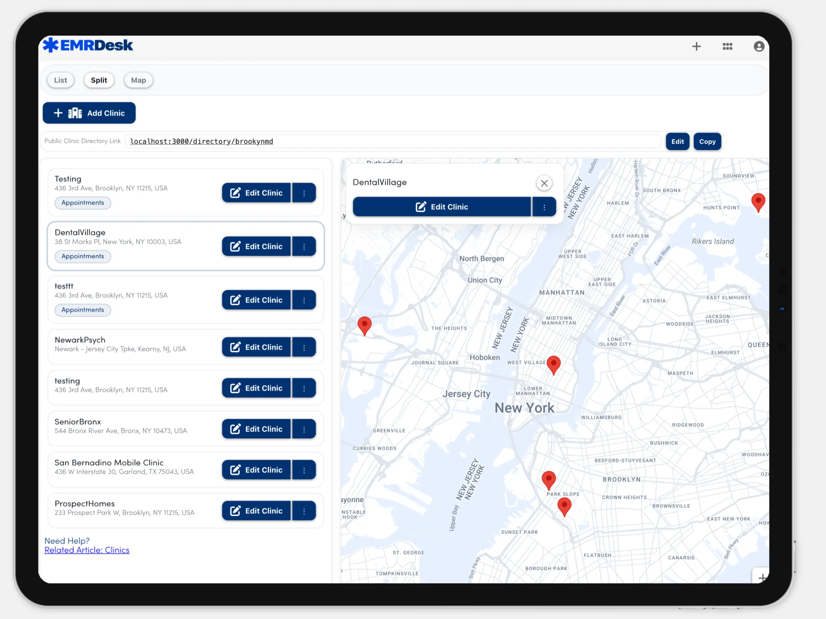 EMRDesk clinics experience shown on tablet.